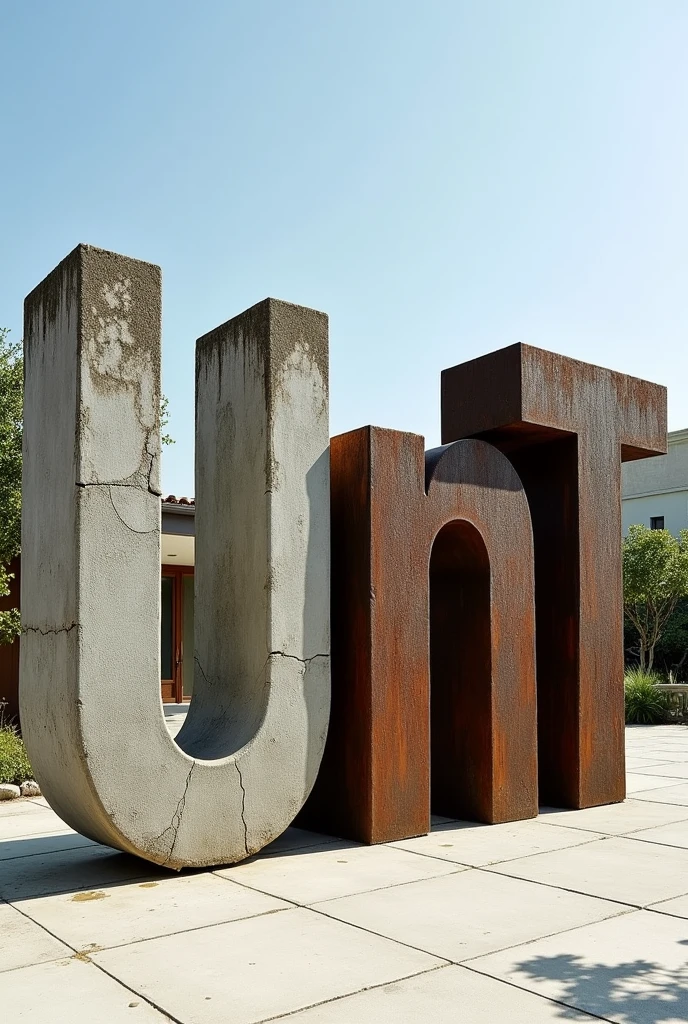 I want an image of giant letters that form the word 'UNT', where each letter is made of a different material: the 'U' of concrete, the 'N' of old metal, and the wooden 'T'. The concrete 'U' has a robust and textured appearance, with cracks and a worn finish. The old metal 'N' has a rusty look, with a brown and gray color, showing signs of aging. The wooden 'T' is made of planks, with visible veins and a rustic finish. The letters are placed on a flat surface outdoors, maybe in a patio or garden, with a clear sky in the background. The lighting is natural, highlighting the textures and details of each material.