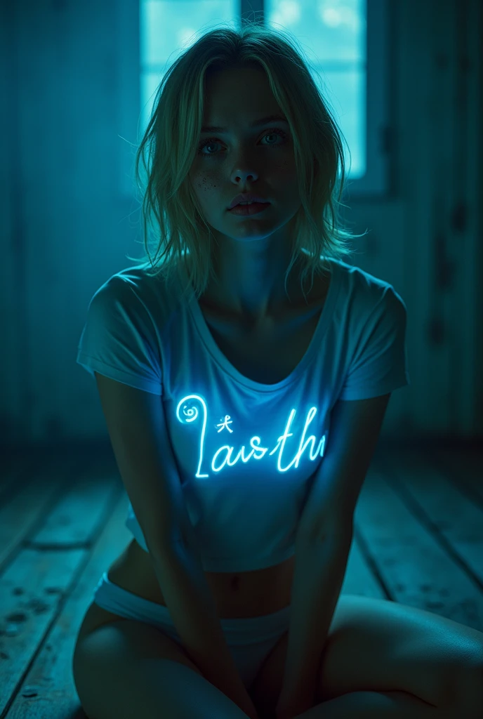 (photorealism:1.2), beautiful woman, swedish, blonde,sad, pensive, assistant, no skirt, white underwear, white fitted shirt, 18yo, haunted house, wooden floor, blue lighting, hologram, projection,looking at camera, short hair, liminal, followed by darkness, dark, dirty face, glowing blue writing on skin