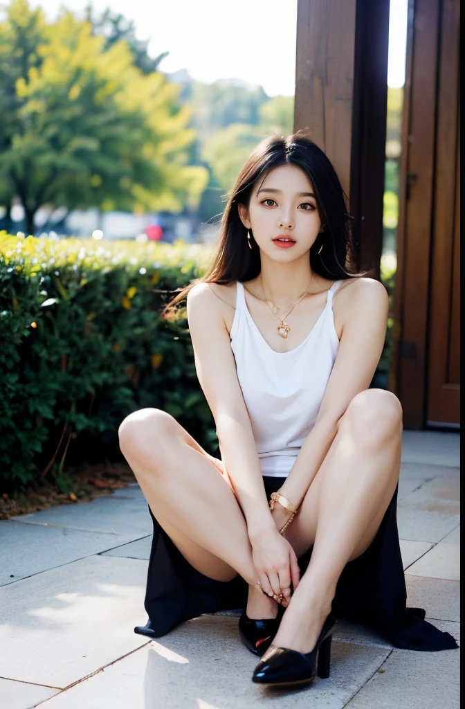 (masterpiece:1.3), (8 thousand, realistic, RAW photos, best quality: 1.4), (1 woman),(((sheer silk blouse))), (((short skirt))), (((양쪽 다리와 양발에 짙은색 realistic 불투명한 커피색 panty hose 신고 : 1.3))), (((Small paws))), (Stockings on both legs), (((Beautiful, small feet wearing stockings and high heels.))), (((full body shot))), (outdoors in sunny weather), (((Model-like posture))), (((Beautiful makeover))), (((very slim and beautiful body))) , (((Realistic and very beautiful face))), (((long eyelashes))), (((double eyelid))), (((Very beautiful eyes, realistic and delicate))), (((High nose))), (((small nostrils))), (((beautiful mouth))), (((seductive lips))), (((big bust) )), (((Strong body through exercise))), (((beautiful abs))), (((Beautiful heaps))), (((tall))), (((realistic face))), (((black hair, parted, long hair:1.3))), (아름다운 parted스타일), (((realistic and beautiful skin))), (((absurd))), (((attractive))), (ultra high resolution), (((extremely realistic))), (very detailed), (((golden ratio))), (((Two long, realistic and beautiful legs))), (((realistic 팔))), (necklace), (earring),(beautiful nails manicure), (((So beautiful and sexy))), (((perfect secretary look)))