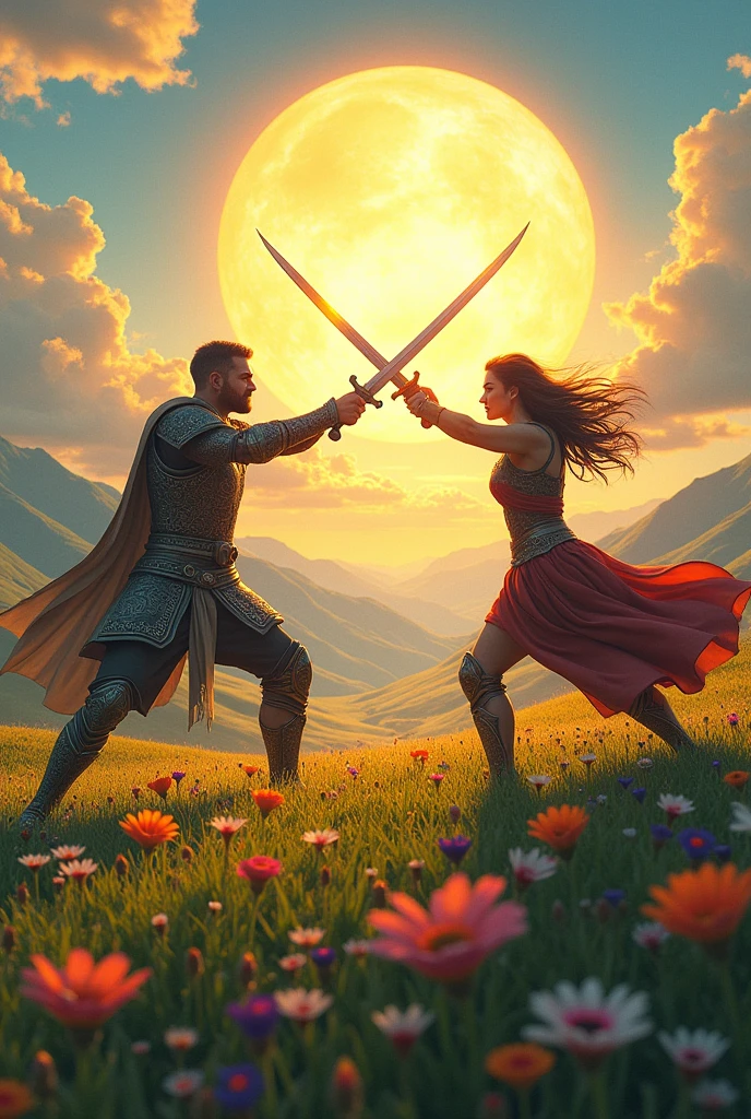 Beautiful sun and two characters with swords 