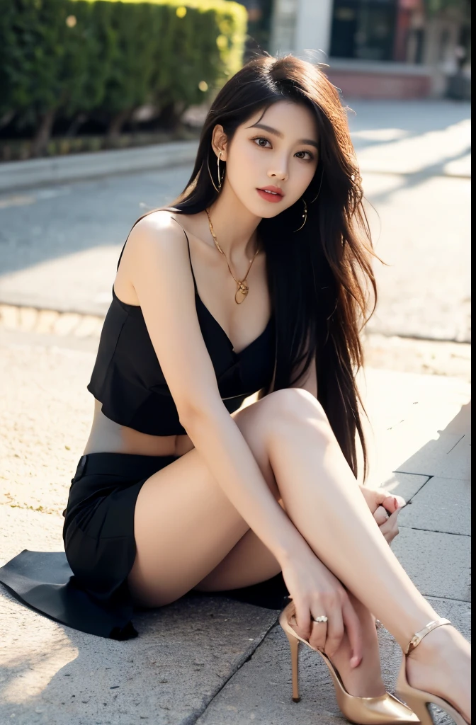 (masterpiece:1.3), (8 thousand, realistic, RAW photos, best quality: 1.4), (1 woman),(((sheer silk blouse))), (((short skirt))), (((양쪽 다리와 양발에 짙은색 realistic 불투명한 커피색 panty hose 신고 : 1.3))), (((Small paws))), (Stockings on both legs), (((Beautiful, small feet wearing stockings and high heels.))), (((full body shot))), (outdoors in sunny weather), (((Model-like posture))), (((Beautiful makeover))), (((very slim and beautiful body))) , (((Realistic and very beautiful face))), (((long eyelashes))), (((double eyelid))), (((Very beautiful eyes, realistic and delicate))), (((High nose))), (((small nostrils))), (((beautiful mouth))), (((seductive lips))), (((big bust) )), (((Strong body through exercise))), (((beautiful abs))), (((Beautiful heaps))), (((tall))), (((realistic face))), (((black hair, parted, long hair:1.3))), (아름다운 parted스타일), (((realistic and beautiful skin))), (((absurd))), (((attractive))), (ultra high resolution), (((extremely realistic))), (very detailed), (((golden ratio))), (((Two long, realistic and beautiful legs))), (((realistic 팔))), (necklace), (earring),(beautiful nails manicure), (((So beautiful and sexy))), (((perfect secretary look)))
