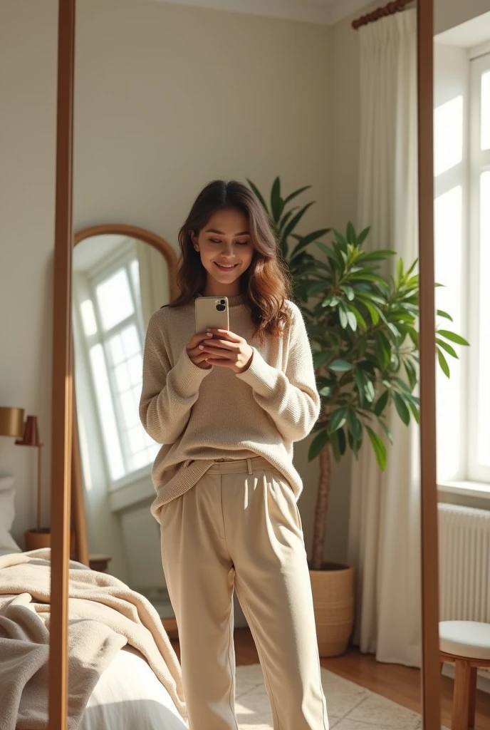 A young Caucasian woman in her twenties with slightly wavy, shoulder-length brown hair is standing in her modern bedroom. She wears an elegant and comfortable beige outfit: a light beige knit sweater with a round neck and high-waisted beige chinos, which highlights her figure with a relaxed fit. Her hair falls naturally around her face, framing her delicate features with gently wavy locks. She holds her smartphone with one hand in front of a large wall mirror, capturing a photo of herself with a sweet, relaxed smile. The room is modern with neutral colors, minimalist furniture, and a potted green plant in the corner. The large framed mirror reflects part of the room, adding depth to the scene. Natural light enters through a large window to its left, gently illuminating the room and creating a warm and soothing atmosphere. Decorative elements like a thick rug, linen cushions on the bed, and a designer bedside lamp add a touch of comfort and elegance to the space.