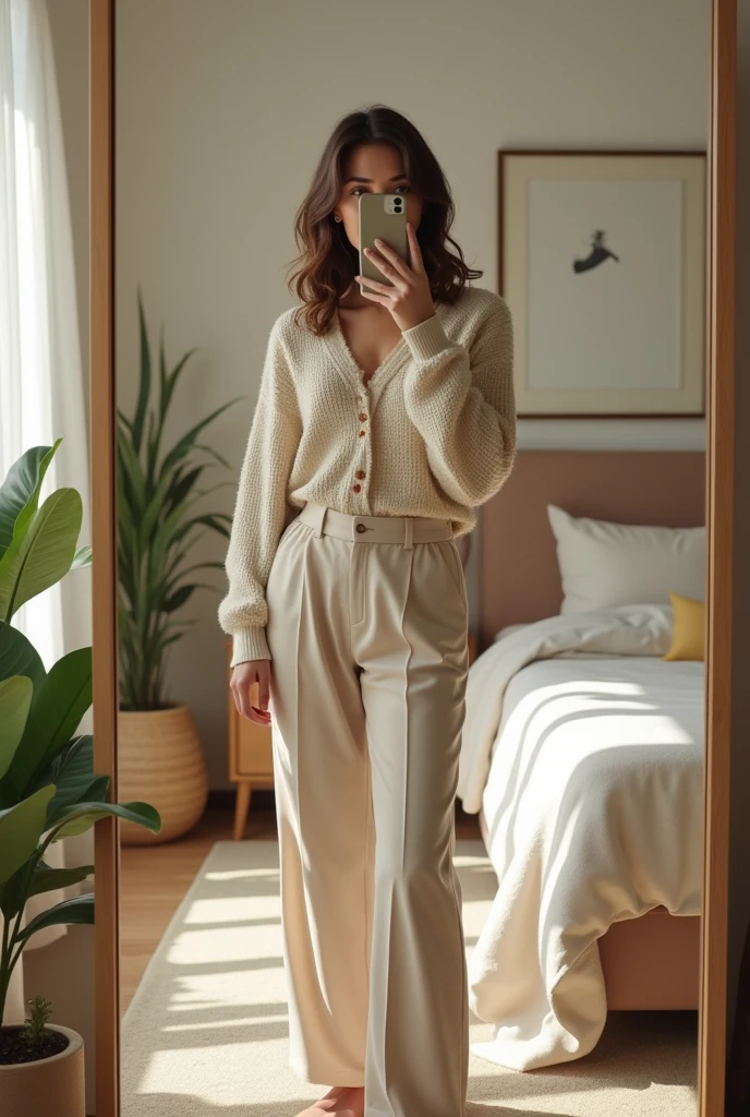 A young Caucasian woman in her twenties with slightly wavy, shoulder-length brown hair is standing in her modern bedroom. She wears an elegant and comfortable beige outfit: a light beige knit sweater with a round neck and high-waisted beige chinos, which highlights her figure with a relaxed fit. Her hair falls naturally around her face, framing her delicate features with gently wavy locks. She holds her smartphone with one hand in front of a large wall mirror, capturing a photo of herself with a sweet, relaxed smile. The room is modern with neutral colors, minimalist furniture, and a potted green plant in the corner. The large framed mirror reflects part of the room, adding depth to the scene. Natural light enters through a large window to its left, gently illuminating the room and creating a warm and soothing atmosphere. Decorative elements like a thick rug, linen cushions on the bed, and a designer bedside lamp add a touch of comfort and elegance to the space.