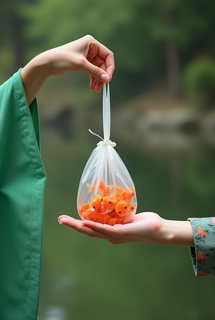The “hand” of a woman wearing a green yukata (only the sleeve and hand are visible) Holding a bag of goldfish and handing it to another person (the other person's hand is visible) But the other party's hand had not yet reached the goldfish bag Side view