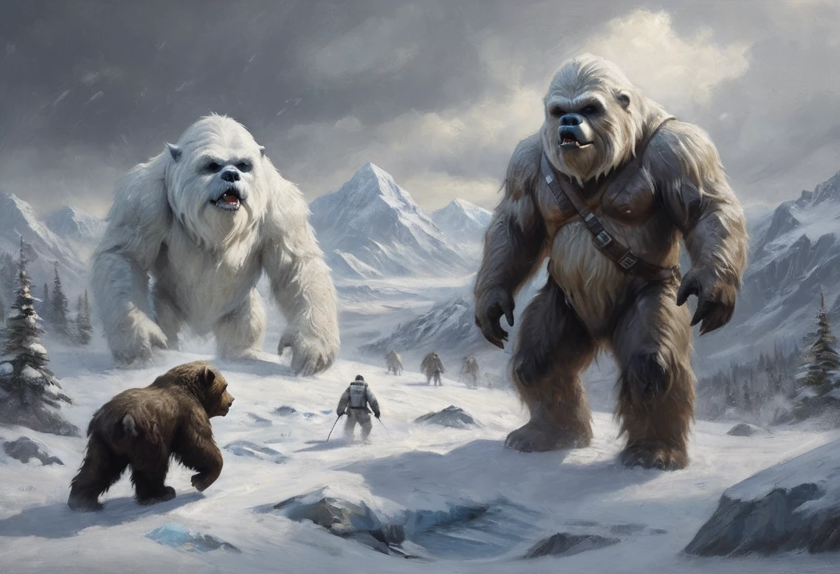 a mighty wampa, star wars, long hair yeti, demon bear, snowy landscape, hoth, overcast, heavy snow, detailed snow, highly detailed, hyperrealistic, cinematic lighting, dramatic composition, epic battle scene, masterpiece
