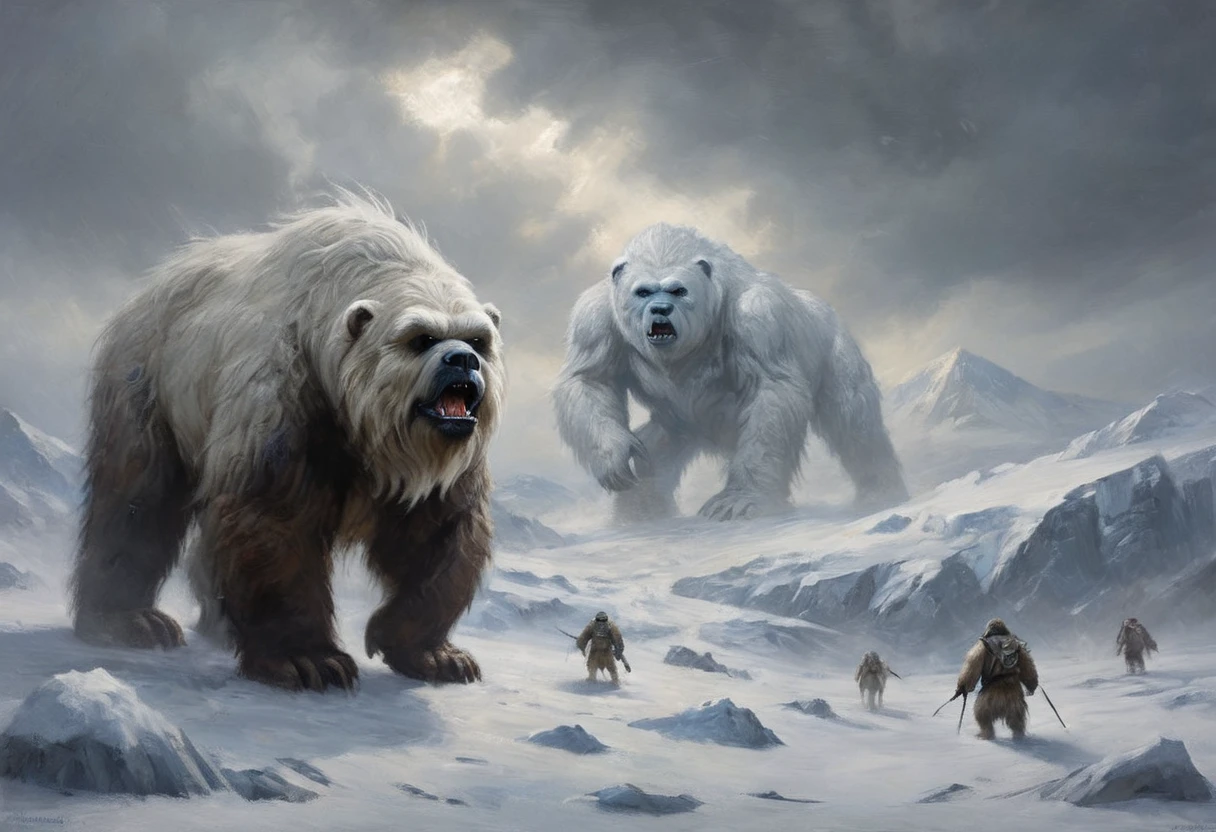 a mighty wampa, star wars, long hair yeti, demon bear, snowy landscape, hoth, overcast, heavy snow, detailed snow, highly detailed, hyperrealistic, cinematic lighting, dramatic composition, epic battle scene, masterpiece