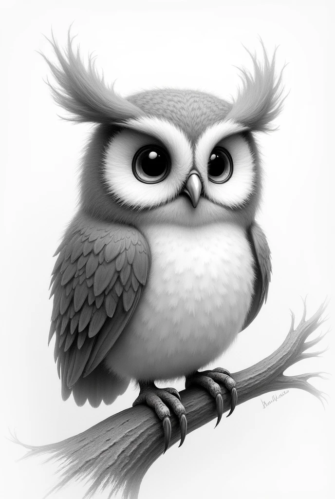 monochrome, pencil drawing, cute owl, shading, shadows, contrast, conceptual installation art, 2.5D, delicate and dynamic effects, iridescent effects, artistic, hyper, graphic CG digital art, (anime, manga, cartoon, illustration)-style
