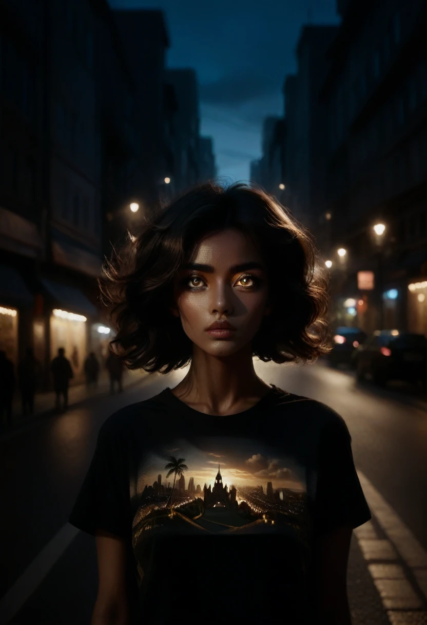 (Best quality, a high resolution, masterpiece :1.3), beautiful woman, A slim body, dark brown hair, T-shirt, (Street in the city at night), Highly detailed face and skin texture, detailed eyes, double eyelid