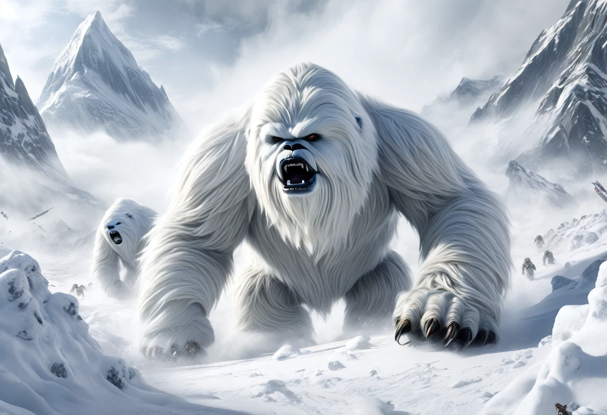 a mighty wampa, star wars, long hair yeti, demon bear, snowy landscape, hoth, overcast, heavy snow, detailed snow, highly detailed, hyperrealistic, cinematic lighting, dramatic composition, epic battle scene, masterpiece
