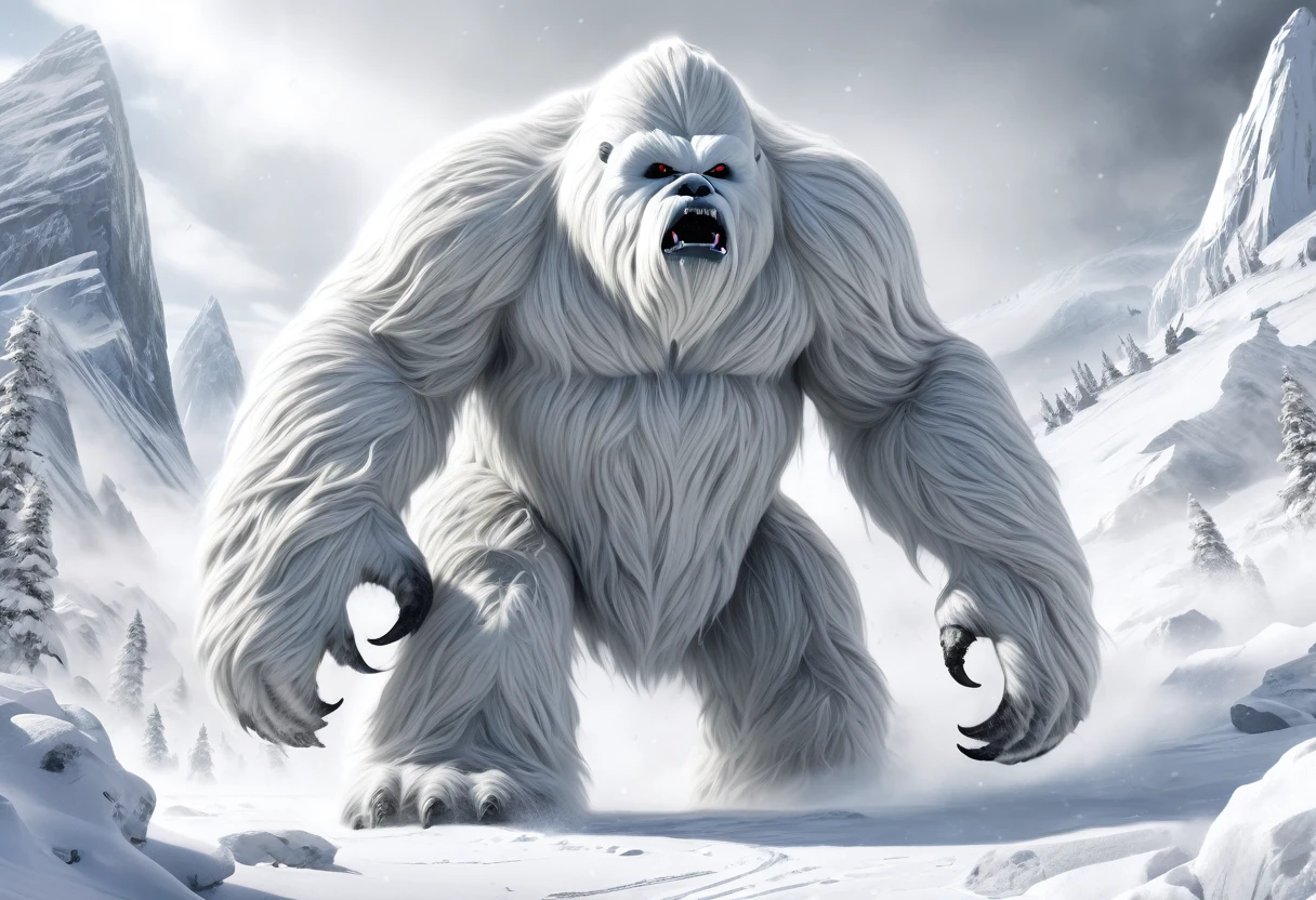 a mighty wampa, star wars, long hair yeti, demon bear, snowy landscape, hoth, overcast, heavy snow, detailed snow, highly detailed, hyperrealistic, cinematic lighting, dramatic composition, epic battle scene, masterpiece