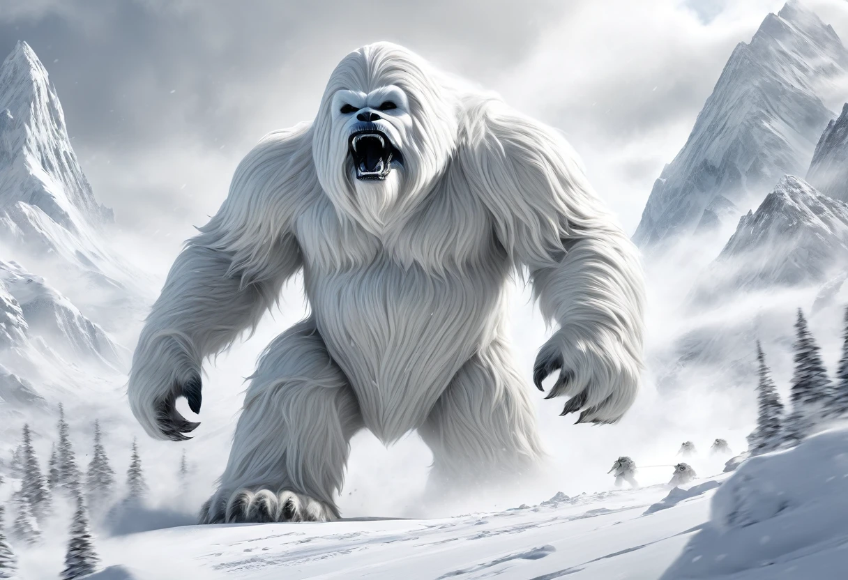a mighty wampa, star wars, long hair yeti, demon bear, snowy landscape, hoth, overcast, heavy snow, detailed snow, highly detailed, hyperrealistic, cinematic lighting, dramatic composition, epic battle scene, masterpiece