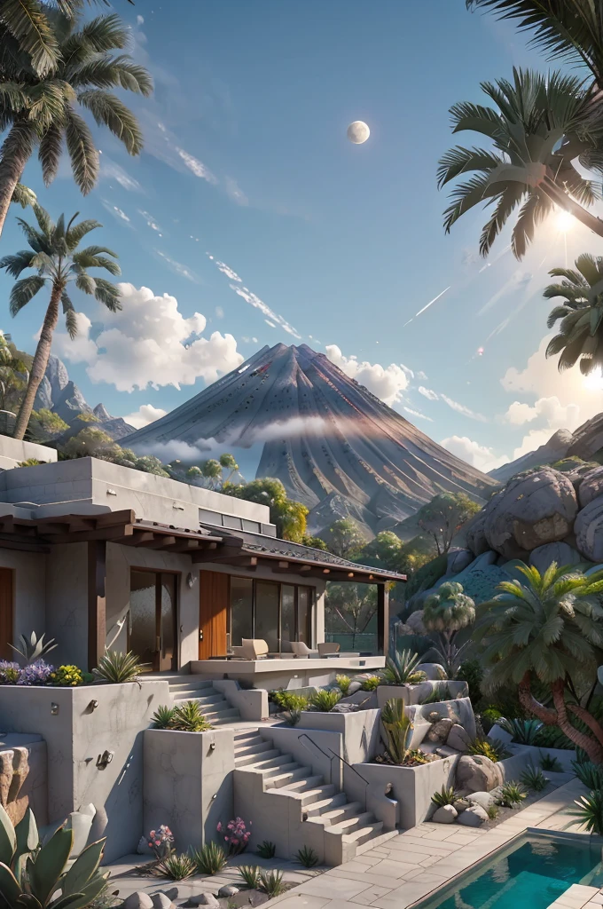 small and beautiful modern house in top of big boulders, terraces, pool, stairs, multiple cacti gardens, palms, trees, rocks, beautiful landscape design, mountains and volcano y background, amazing clouds, sun, moon, planets, milky way galaxy, concrete, wood, glass and steel materials, olive green, violet, orange and withe colors in facade