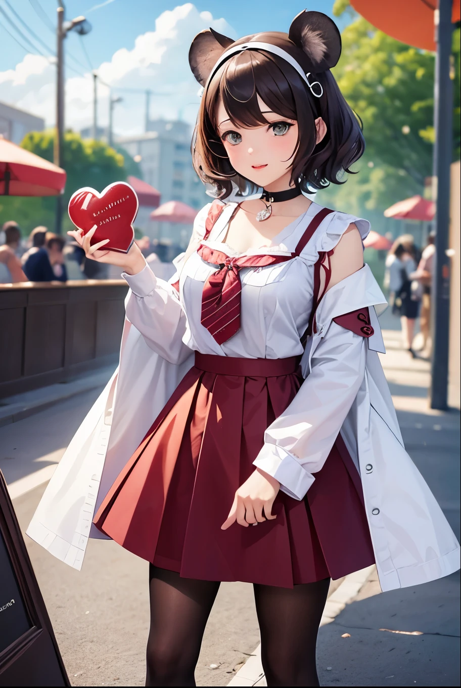 Top quality, highly detailed, UHD, idol, playing at an amusement park, cute and beautiful anthropomorphic koala girl with brown curly bob hair wearing a heart-shaped choker, casual clothes