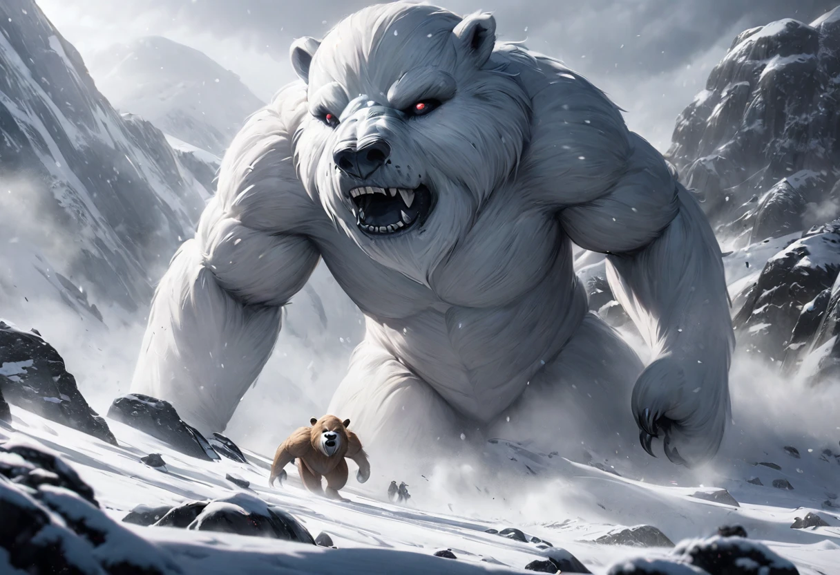 a mighty wampa, star wars, long hair yeti, demon bear, snowy landscape, hoth, overcast, heavy snow, detailed snow, highly detailed, hyperrealistic, cinematic lighting, dramatic composition, epic battle scene, masterpiece