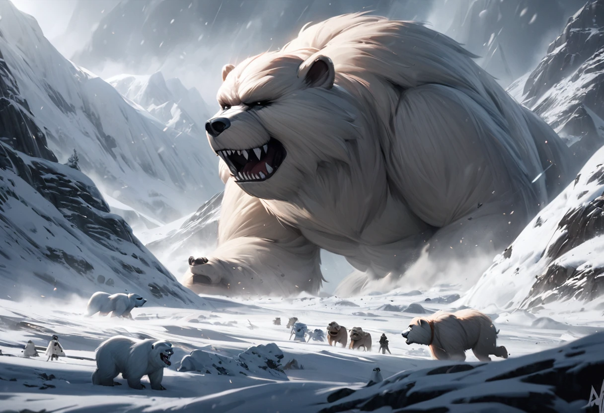 a mighty wampa, star wars, long hair yeti, demon bear, snowy landscape, hoth, overcast, heavy snow, detailed snow, highly detailed, hyperrealistic, cinematic lighting, dramatic composition, epic battle scene, masterpiece