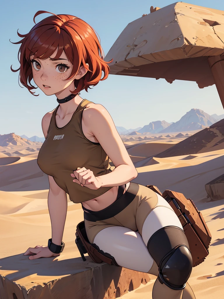 (masterpiece), (best quality), ((one girl)),alone, red hair,((brown eyes)),short curly hair, anime style, freckles, (small breast) (petite figure), tank top, leggings, knee pads, battle outfit, legs((desert background))