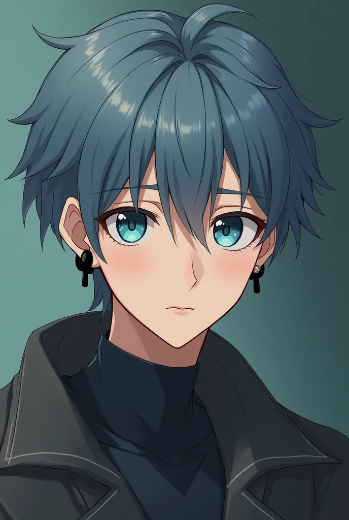 young man,blue-gray hair,with a few extra kilos,tired look,but kind,2 earrings in one ear,black color,slightly light skin,aqua eyes