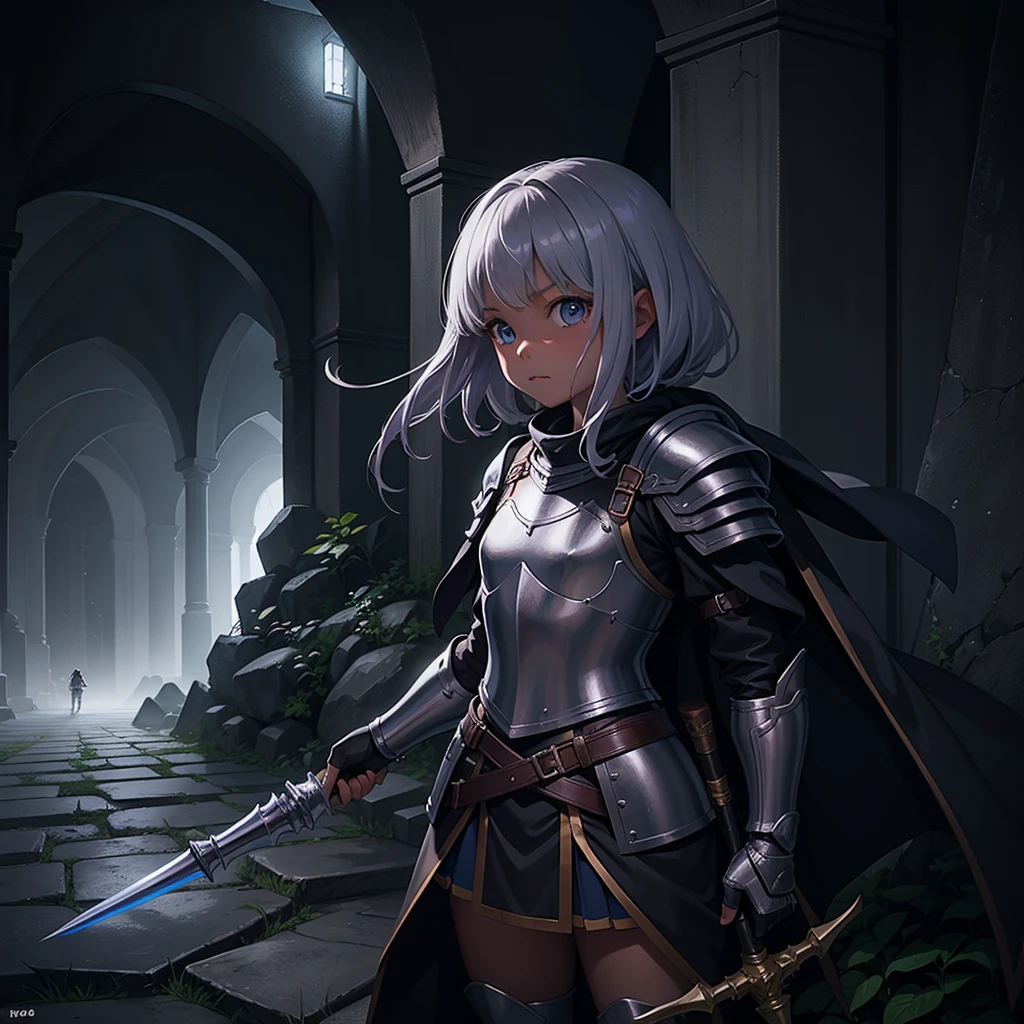 最high quality、high quality、Simple Cloth Armor、10Year-old girl adventurer、Equipped with a mace、In a dark maze