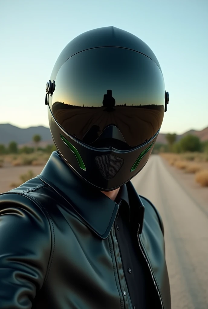 (photorealism:1.2), A selfie of a man wearing a black motorcycle helmet with dark green details,. The helmet, The glasses completely cover his face and nose... The scene takes place outdoors, in natural daylight, with an open landscape in the background showing distant trees and hills, dirt road,Black leather jacket with mao collar