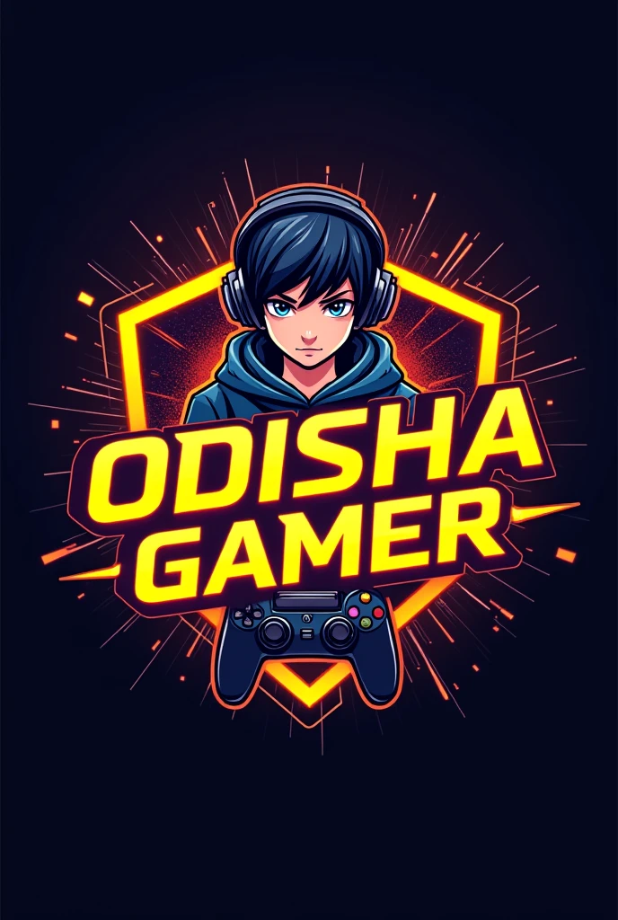 This is a gaming logo that features the name "ODISHA GAMER in a futuristic font and a neon Golden color, and Boy Anime avtar, The logo also has a stylized controller icon. The logo is designed to be attractive and eye-catching. and to appeal to gaming enthusiasts and