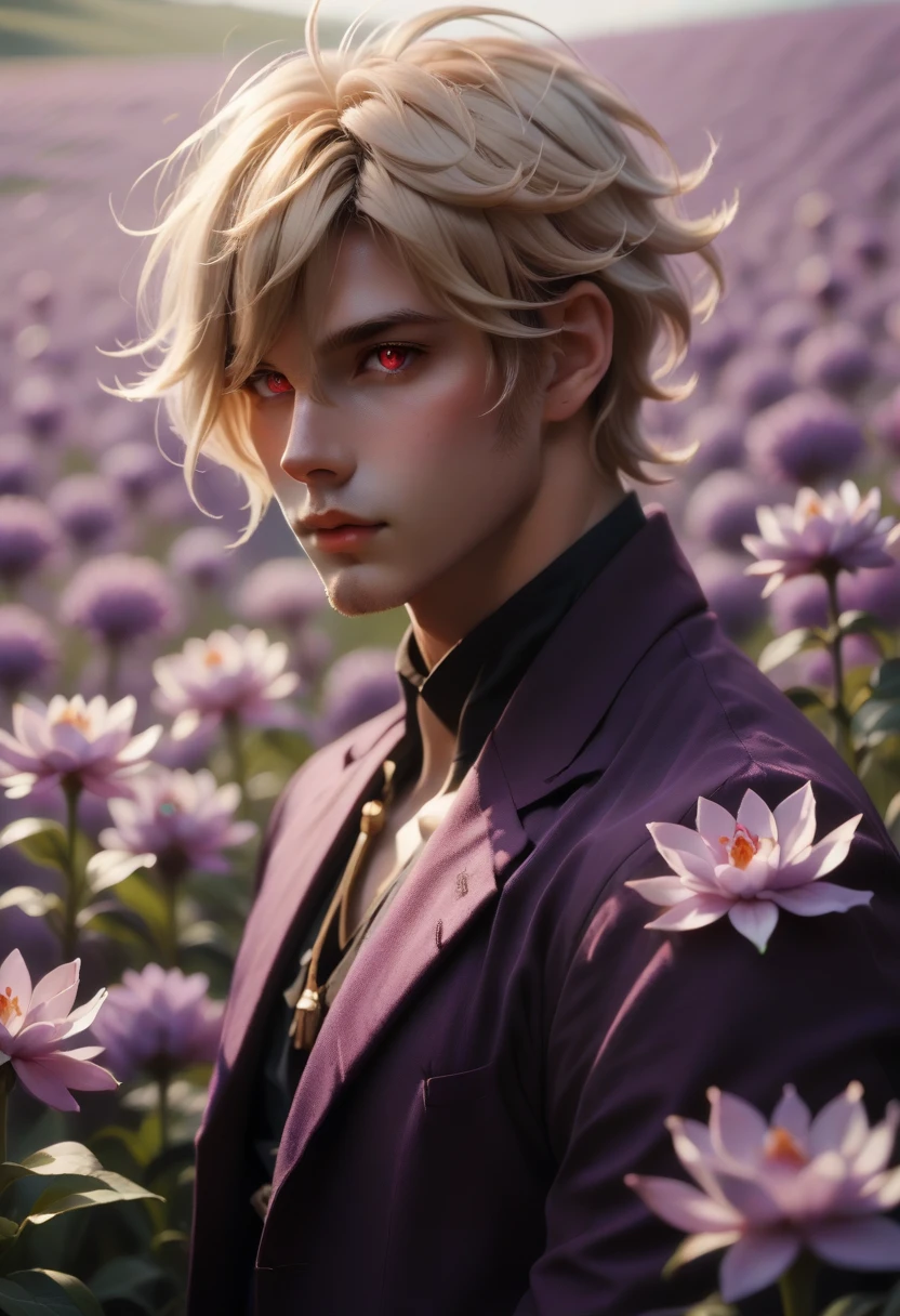 kaveh (genshin impact), 1 male, blond hair, red eyes, in lavender field with flowers