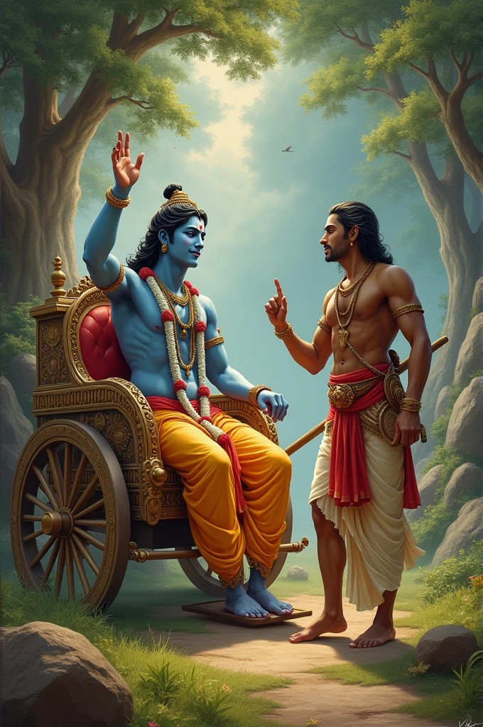 shree krishna showing his index finger while sitting in rath and arjun is standing behind him