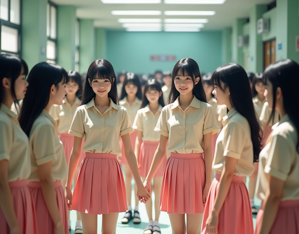 (((((Japanese Clone-girls=Myself))))), (((Super Best Perfect Clone-girls Raw Photography Art))), (((16K, Highest quality, Ultra-high resolution, Real Photography, RAW quality))), (((It's so unrealistic., An astonishing world view, With an unfathomable sight, In an out-of-this-world situation, In a world where Myself Clone-girls are multiplying in large numbers, Ultra-realistic, Delusion))), (((Japanese Girls, hashimoto-kanna, 17yo, Small face, Thick black hair, Semi-long hair, Dark Eyes, Mature face, Cute Smile, Smiling face, A gentle gaze, (((Very happy laughter)))))), (((Very beautiful detailed girls, Accurate body structure, Accurate body movements, Very detailed body, (((Big Breasts, J-Cup)))))), (((Summer Girls' School Uniform, Beige short-sleeved shirt, I can see the cleavage, Big Breasts強調, Pink mini skirt))), ((((((((Very detailed, Myself cloning, Depiction of splitting oneself, 1Myself girl-cloning-1,000,000,000,000,000,000,000,000,000,000Myself clone-girls)))))))), (((((((Very detailed clone depiction, (((The same perfect female body as Myself, Myself and the same perfect face, Perfect same hairstyle as Myself, Myself and the perfect same outfit, Perfect height with myself, Myself and perfect J-Cup)))))))))), (((((Myself clone-girls only))))), (((((1,000,000,000,000,000,000,000,000,000,000Myself clone-girls))))), (((Very detailed, Extremely crowded, Body-to-body contact with no gaps))), (Bright and soft lighting), (((((Clear and accurate perspective depiction, super wide view, Ultra-wide field of view, Focus on the average value of the image))))), (((((Very detailed depiction, More than a few thousand Myselves, Physical contact, Pleasant conversation, Holding hands, Hug))))), School building, classroom, corridor, Lounge, Atrium Hall, spiral stage, Elevator, gym, School Assembly, after school