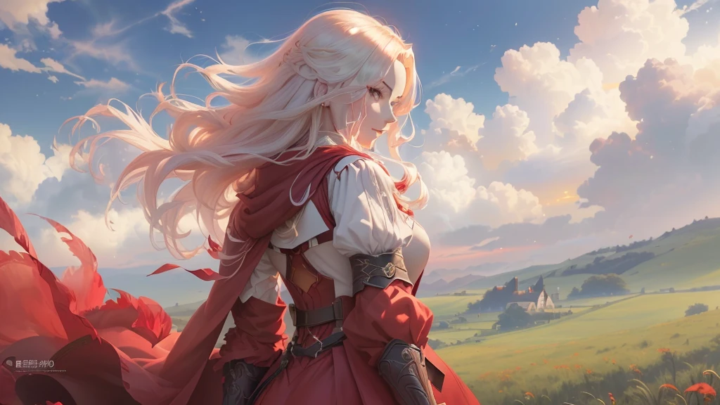 A woman in a red dress and a red cloak is standing in a field at sunset, Anime Art Wallpapers 8K, anime art wallpaper 4k, Anime fantasy artwork, anime art wallpaper 4k, Anime fantasy illustration, Artjam and Athi Gairan, Gwaiz, 2. 5 d cgi Anime fantasy artwork, Anime Epic Artwork, edelgard fire emblem