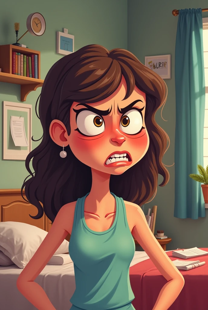 A cartoonist AI image of woman with a angry face with a background of his room 