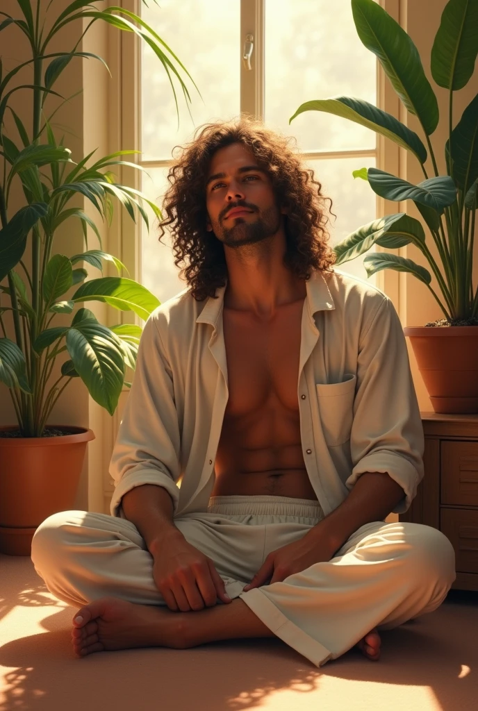 (photorealism:1.2), beautiful man, sitting on strit, , pajama pants, long curly hair, indoors, soft lighting, plants in background, window with sunlight, cozy room, relaxed pose, realistic, intricate details, warm colors, by Greg Rutkowski, by Alphonse Mucha