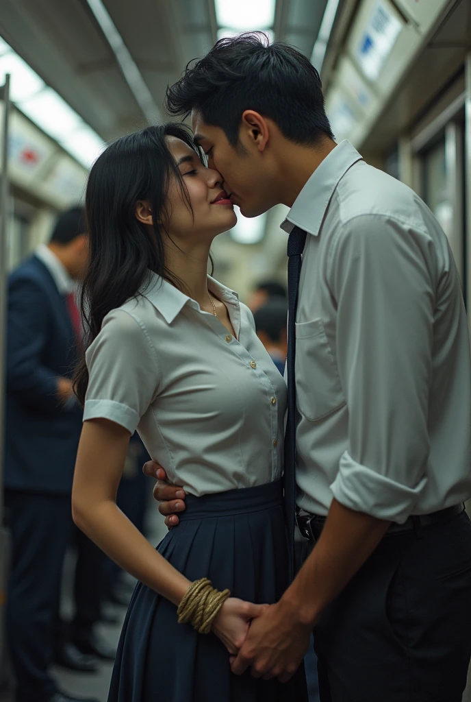 Photorealism, (molestation: 1.5), 1 girl, (full body shot), 1 man, (((office lady being molested: 1.5))), (very beautiful), (beautiful face: 1.5), girl has her hands tied behind her back, girl is crying, (office lady uniform: 1.2), (in a crowded Japanese train: 1.5), man forcefully kisses her, (man takes off her skirt: 1.5), (man holds her breasts: 1.5), (in SFW: 1.1), (((pussy visible through shirt))), (moans of pain: 1.3), (ecstasy: 1.5), rope bondage, slave, nsfw