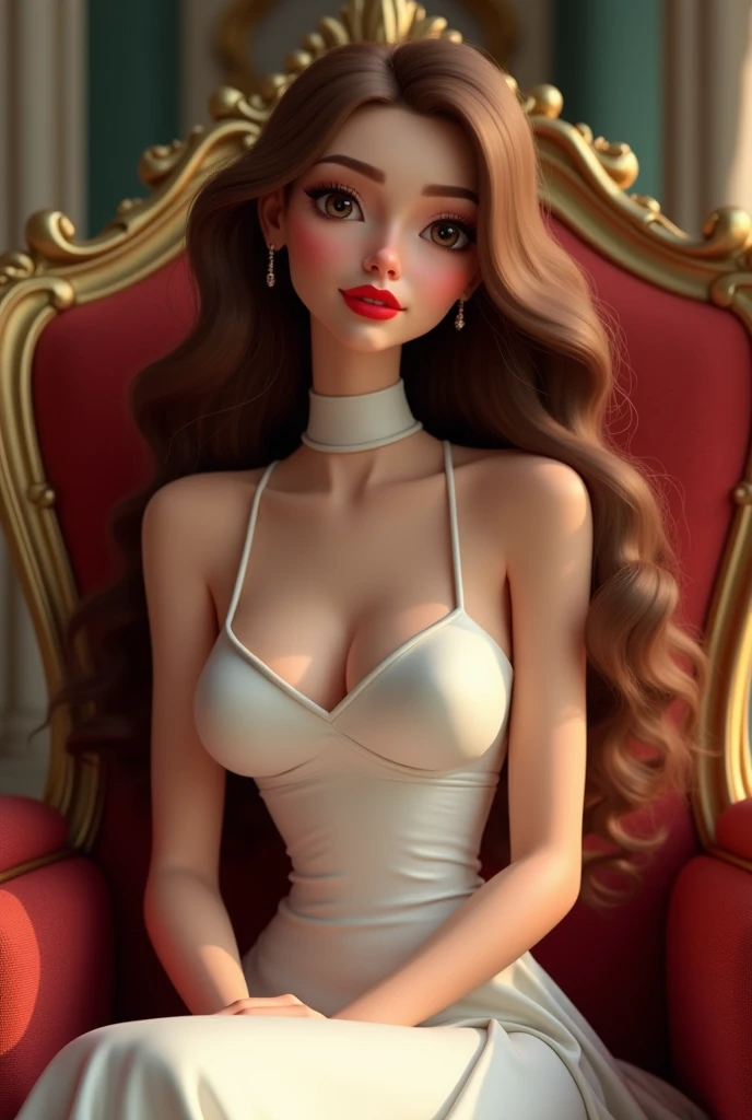 Pretty girl with long curly hair wearing turtle neck white formal dress and red lipstick sitting in the royal chair. 3D semi animated 