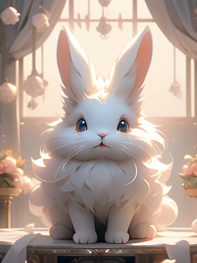 A white rabbit is sitting on a cat tree。, soft and fluffy, Gray Hair, Great Features, fluffy face, anthropomorphic large, fluffy!!!, Beautiful rabbit, fluffyした!!!, fluffy rabbit, Wonderful rabbit, Silver-haired madman, Serious expression, outrageously fluffy, Beautiful photos of rabbits