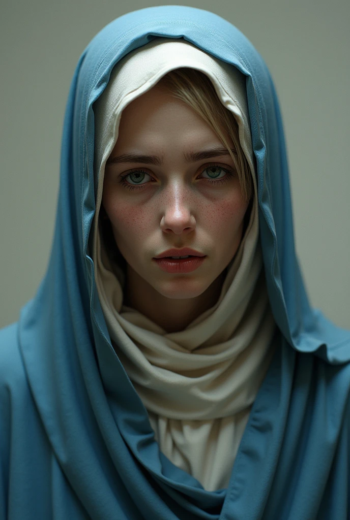(photorealism:1.2), beautiful Virgin Mary the sorrowful with blank eyes