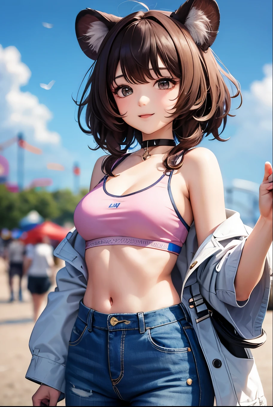 Asagumo KC, (hair) ribbon, nude, big breasts, underwear, white brassiere:1.2, denim shorts, shoes, 長hair, twin tails, 茶hair, full body shot, Low - Angle, smile, front, (outdoor, outdoor stage, on stage, audience),