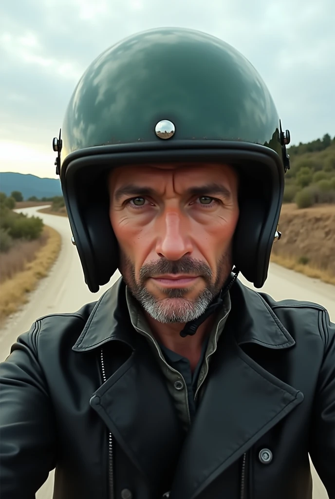 (photorealism:1.2), A selfie of a man wearing a black motorcycle helmet with dark green details,.. The scene takes place outdoors, in natural daylight, with an open landscape in the background showing distant trees and hills, dirt road,Black leather jacket with mao collar