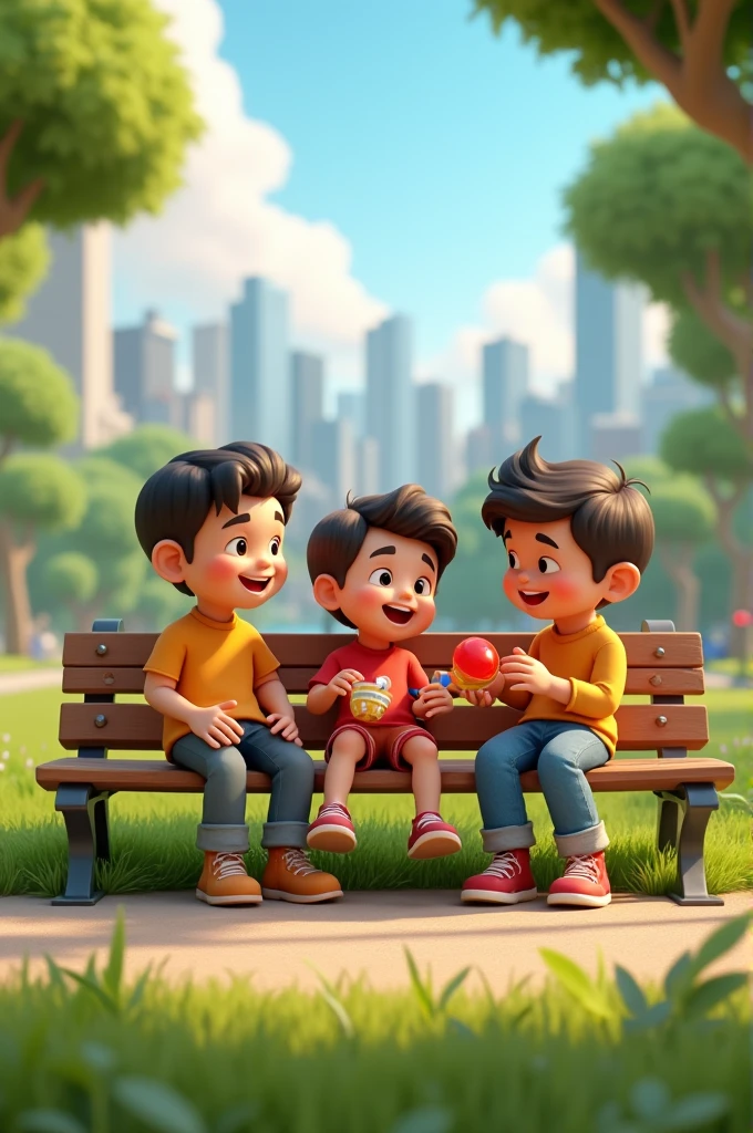 Need a 3D animation style-Becoming Friends with Rick: Max, Leo, and Rick sitting together on a park bench, happily sharing their toys. They’re smiling and laughing, with a sense of friendship and teamwork in the air, and the city's skyline in the distance.