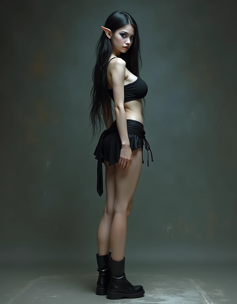 A (((full-body))), ultra-detailed, ((hyper-realistic)), ((masterpiece)) fantasy art painting, in the style of Dungeons and Dragons, of an ethereally beautiful age elf woman. She has exquisite caucasian features and ((very pale milk-white skin)). Her large eyes are a striking blue, her flowing hair is raven black, and she is wearing ((heavy black eye shadow)). She has a very slim ((petite body)) with long (((thin legs))). Her ((massive round breasts)) look far too large for her skinny body. She is wearing a tight crop top, an extremely short miniskirt, and black boots. She is standing with her back to the camera, bending over slightly, and her (((whole body from head to toe))) is shown in the photo. The lighting is dramatic and cinematic, and her ((skin is shiny with sweat)).
