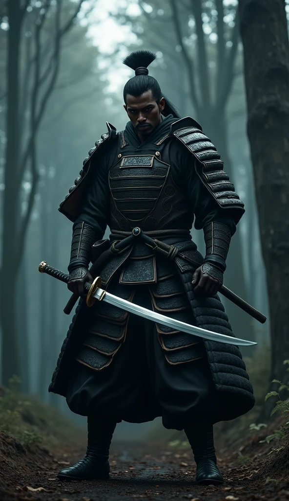 Close-up shot, Low angle shot, (Yasuke “A towering African man over six feet tall, with a muscular build and dark, glistening skin”, in full battle gear, stands protectively in front of Oda Nobunaga during an ambush. His katana is drawn, the blade gleaming in the dim light, as he faces off against a group of attackers. His expression is fierce and unyielding, his muscles tense with readiness. Nobunaga, dressed in a ceremonial kimono, stands behind Yasuke, his face calm but alert, trusting in Yasuke’s ability to protect him. The background is a dark forest, with tall trees casting long shadows and the sound of distant battle cries echoing through the night. Yasuke’s presence is a wall of strength, his every move precise and deadly as he defends his lord with unwavering loyalty.) unreal engine, cinematic, hyper-real, highly detailed, Ultra realistic HD --q 2 --v 6.1 --ar 9:16