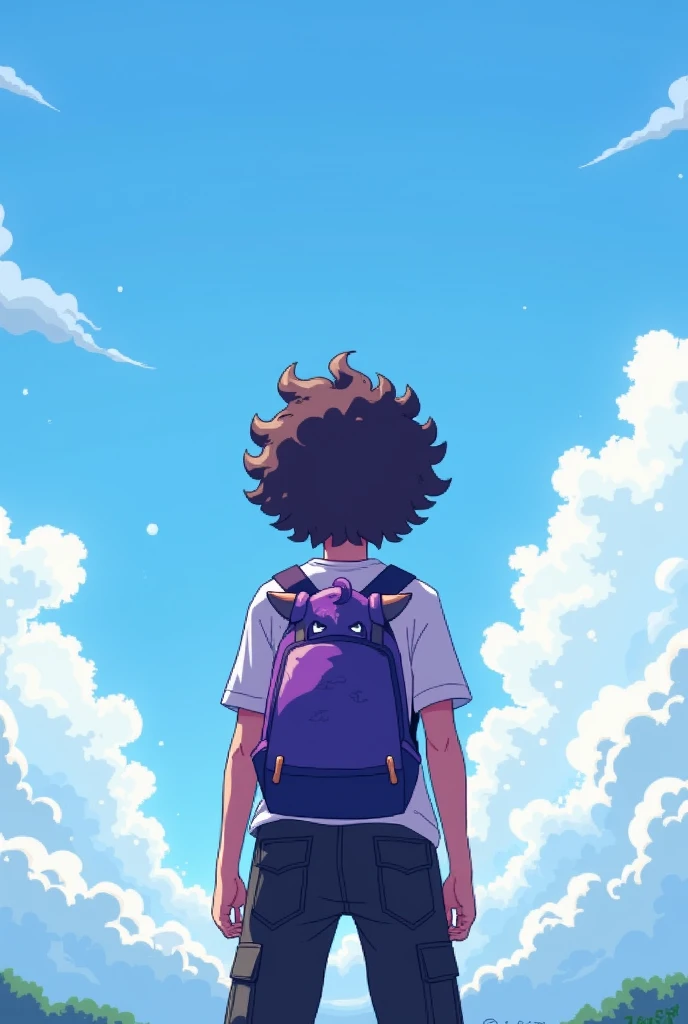 YouTube channel banner,theme pixelated blue sky with clouds,and a guy with curly hair,black cargo pants,white t shirt with a ganger Pokemon backpack.angle is the character in middle photo taken from back side and about 8feet away,more back and a little higher altitude make the angle more back and a ganger Pokemon backpack. Ganger is purple in colour and has little horns In his head 