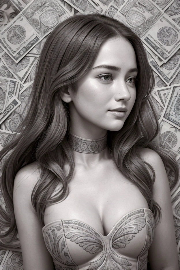 The hyper-realistic digital illustration depicts a young woman standing frontally in the center of the image, facing directly towards the viewer. She has long, wavy hair that flows down her shoulders, framing her face. The woman's facial expression is laughing, her lips are heavily parted, and her eyes are large and expressive. Her skin color is in shades of gray, which creates a monochromatic look. Intricate carved patterns resembling dollar bills cover her entire body including her face, neck, chest, arms and lower torso. These patterns include certain symbols, geometric shapes, and text such as “ONE HUNDRED DOLLARS” and “UNITED STATES OF AMERICA” arranged in a grid pattern. The lighting is soft, diffuse and even, emphasizing the fine details of her hair and the patterns of dollar bills on her skin without creating harsh shadows. The background consists of many overlapping dollar bills arranged in a collage-like pattern, creating a layered effect. The visible banknotes feature portraits of Alexander Hamilton and other figures, as well as various elements such as serial numbers, stamps, and thin lines characteristic of the currency. Notably, the green serial number '0165876601' is visible on the upper left bill, and 'THE UNITED STATES OF AMERICA' is printed at the top of the background. The color palette consists of various shades of gray and beige, with high contrast, moderate saturation and low brightness, contributing to an overall neutral and balanced composition.