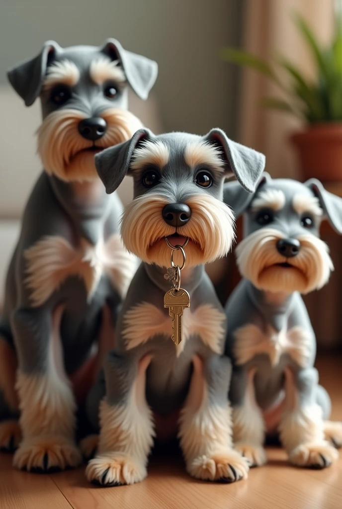 A relatively young Schnauzer breed dog holding a set of apartment keys in its snout, with two other Schnauzer dogs around it., It must be a very tender and advertising image for a real estate rental business.