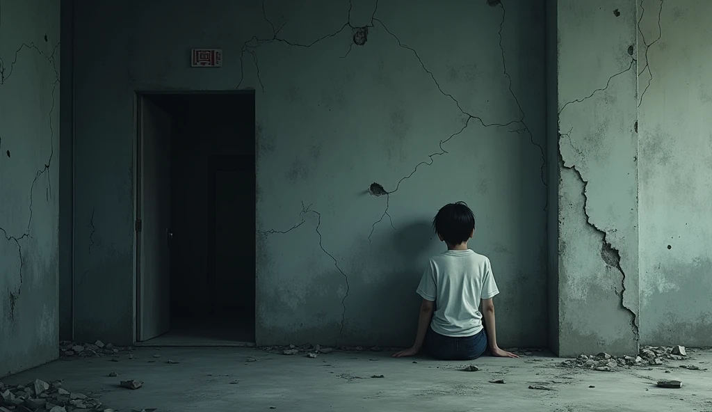 絶望とFeeling of powerlessness 現代日本の古びた学校、Sitting by the wall、Looming Shadow、Feelings of despair、tears、Feeling of powerlessness