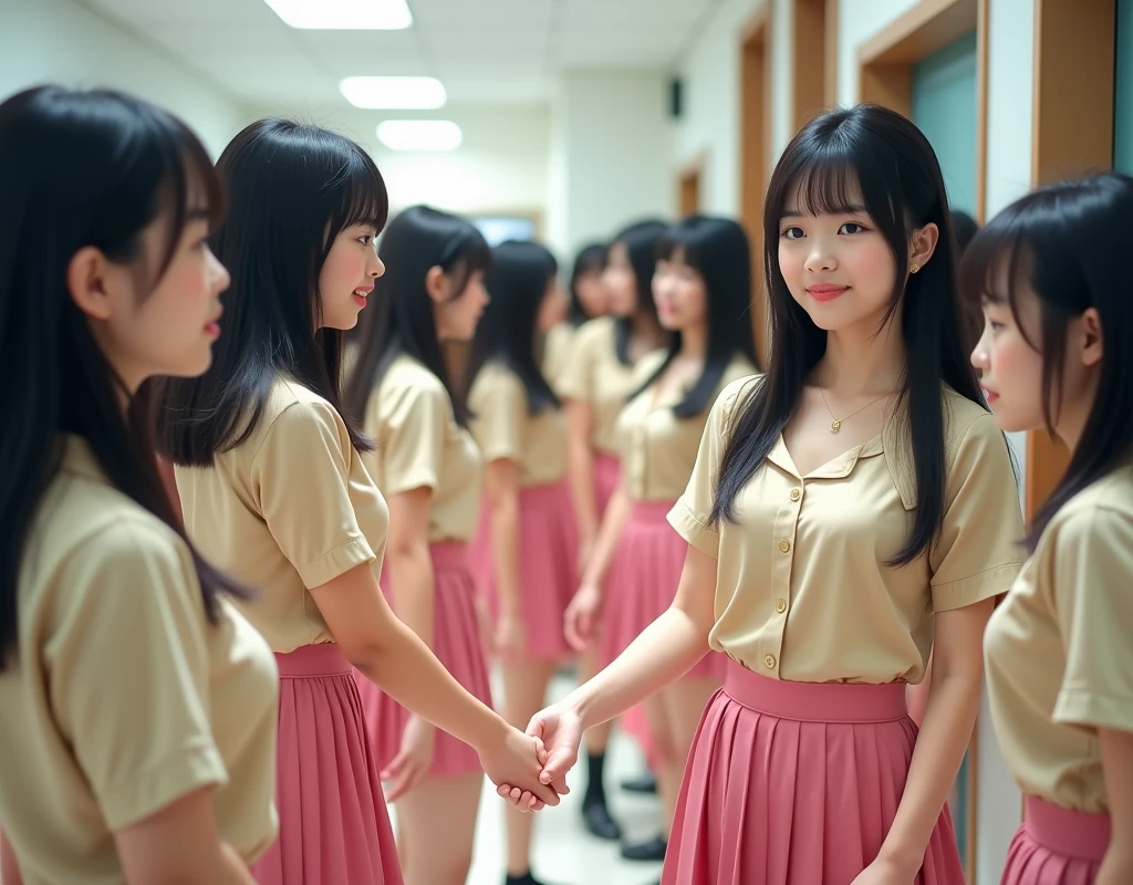 (((((Japanese Clone-girls=Myself))))), (((Super Best Perfect Clone-girls Raw Photography Art))), (((16K, Highest quality, Ultra-high resolution, Real Photography, RAW quality))), (((It's so unrealistic., An astonishing world view, With an unfathomable sight, In an out-of-this-world situation, In a world where Myself Clone-girls are multiplying in large numbers, Ultra-realistic, Delusion))), (((Japanese Girls, hashimoto-kanna, yo, Small face, Thick black hair, Semi-long hair, Dark Eyes, Mature face, Cute Smile, Smiling face, A gentle gaze, (((Very happy laughter)))))), (((Very beautiful detailed girls, Accurate body structure, Accurate body movements, Very detailed body, (((Big Breasts, J-Cup)))))), (((SuSchool Uniforme short-sleeved shirt, I can see the cleavage, Big Breasts強調, Pink mini skirt))), ((((((((Very detailed, Myself cloning, Depiction of splitting oneself, 1Myself girl-cloning-1,000,000,000,000,000,000,000,000,000,000Myself clone-girls)))))))), (((((((Very detailed clone depiction, (((The same perfect female body as Myself, Myself and the same perfect face, Perfect same hairstyle as Myself, Myself and the perfect same outfit, Perfect height with myself, Myself and perfect J-Cup)))))))))), (((((Myself clone-girls only))))), (((((1,000,000,000,000,000,000,000,000,000,000Myself clone-girls))))), (((Very detailed, Extremely crowded, Body-to-body contact with no gaps))), (Bright and soft lighting), (((((Clear and accurate perspective depiction, super wide view, Ultra-wide field of view, Focus on the average value of the image))))), (((((Very detailed depiction, More than a few thousand Myselves, Physical contact, Pleasant conversation, Holding hands, Hug))))), School building, classroom, corridor, Lounge, Atrium Hall, spiral stage, Elevator, gym, School Assembly, after school