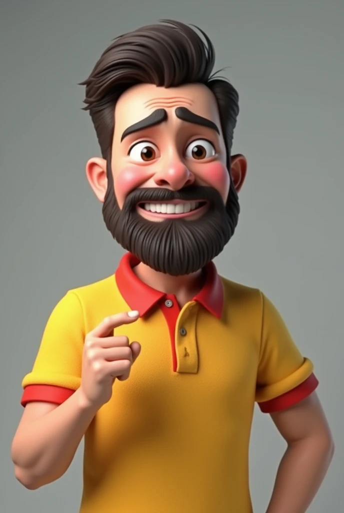 3d avatar white man 40 years old black hair brown beard frowning forehead well-humored yellow polo shirt with red collar arms raised 