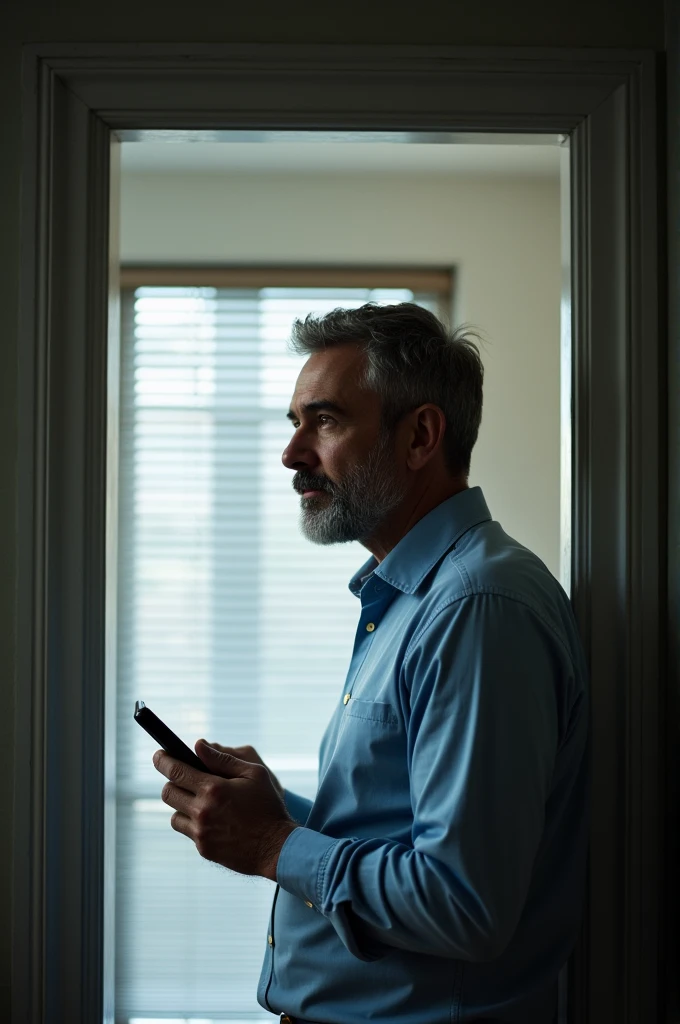 A man in a light blue shirt, with a gray beard, stands in an office doorway, looking out the window. He is holding a black smartphone in his left hand. The window blinds are partially closed, creating a pattern of light and shadow on the man's face. The man has a thoughtful expression on his face.