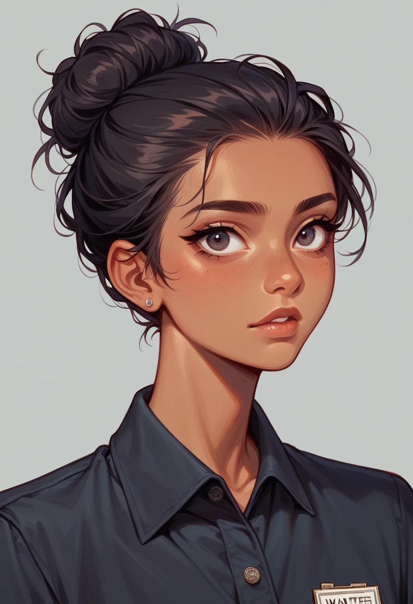 best quality, masterpiece, same character, illustration, 1 girl, dark hair, dark skinned, hair bun, woman, tomboy style, fashion, kawaii, adorable, single background, grey background, close up, face only, wanted sign, front side