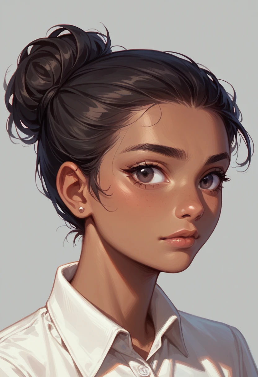 best quality, masterpiece, same character, illustration, 1 girl, dark hair, dark skinned, hair bun, woman, tomboy style, fashion, kawaii, adorable, single background, grey background, close up, face only, wanted sign, front side