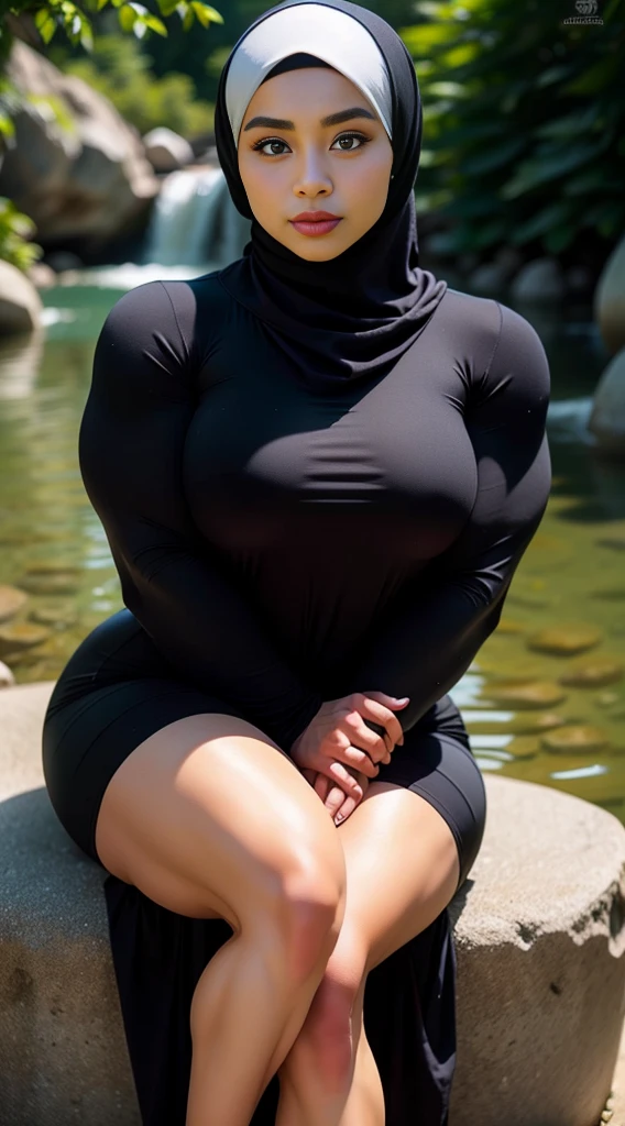 1 Malay girl, modern plain hijab, shy, medium portrait, watery eyes, RAW, Best quality, high resolution, masterpiece: 1.3), beautiful Malay woman in hijab (iu:0.8),big breast, perfect nose,perfect lips, perfect eyes, detail :1.2), soft smile, woman sitting on rocky river bank with black and white striped top, thin waist and thick hips, beautiful malay woman, casual pose, beautiful face with arms and legs, wearing elegant casual clothes, attractive clothes, wearing beautiful baju kurung clothes, cute beauty ,