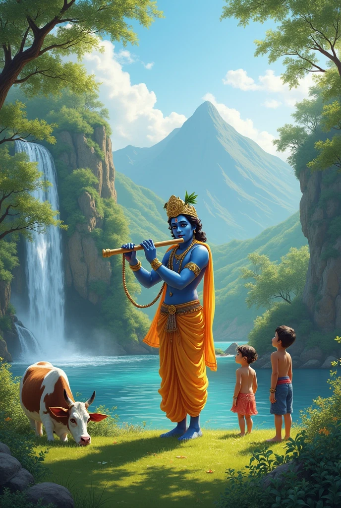 lord krishna play fluet. createa beautiful image. waterfall greaneary image cow eating grass. lord Krishnastanding. landscape view. mountain and hill area . some children's view krishnawith smiling face 